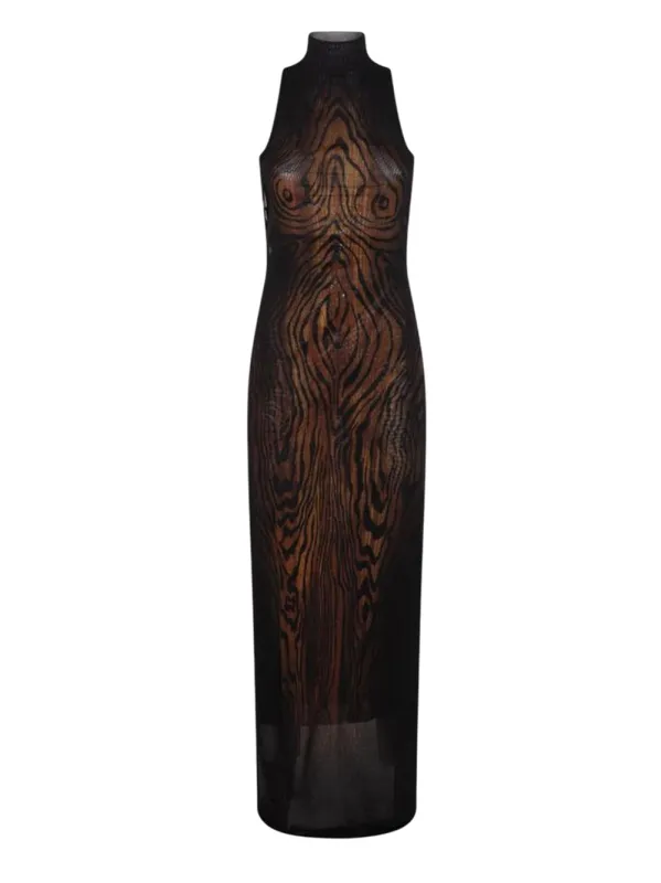 Long Mesh Dress Double-Layer "Wood" Printed Long Mesh Dress made by Jean Paul Gaultier