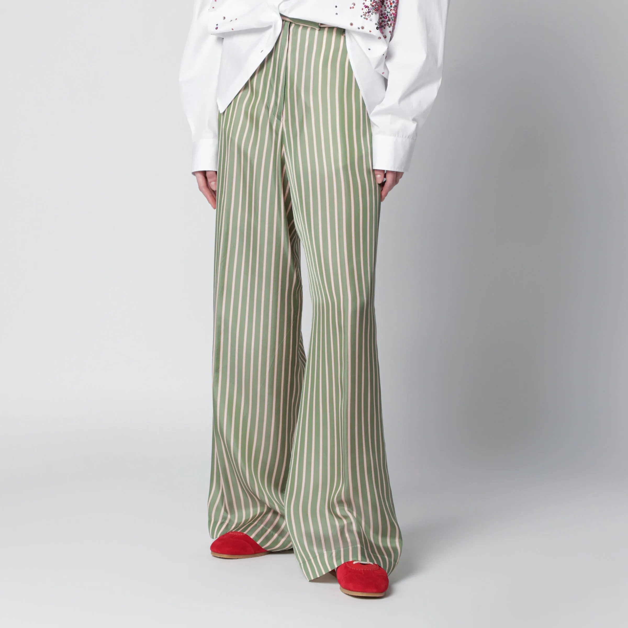 Wide-Leg Green Striped Trousers sold by Wanan Luxury