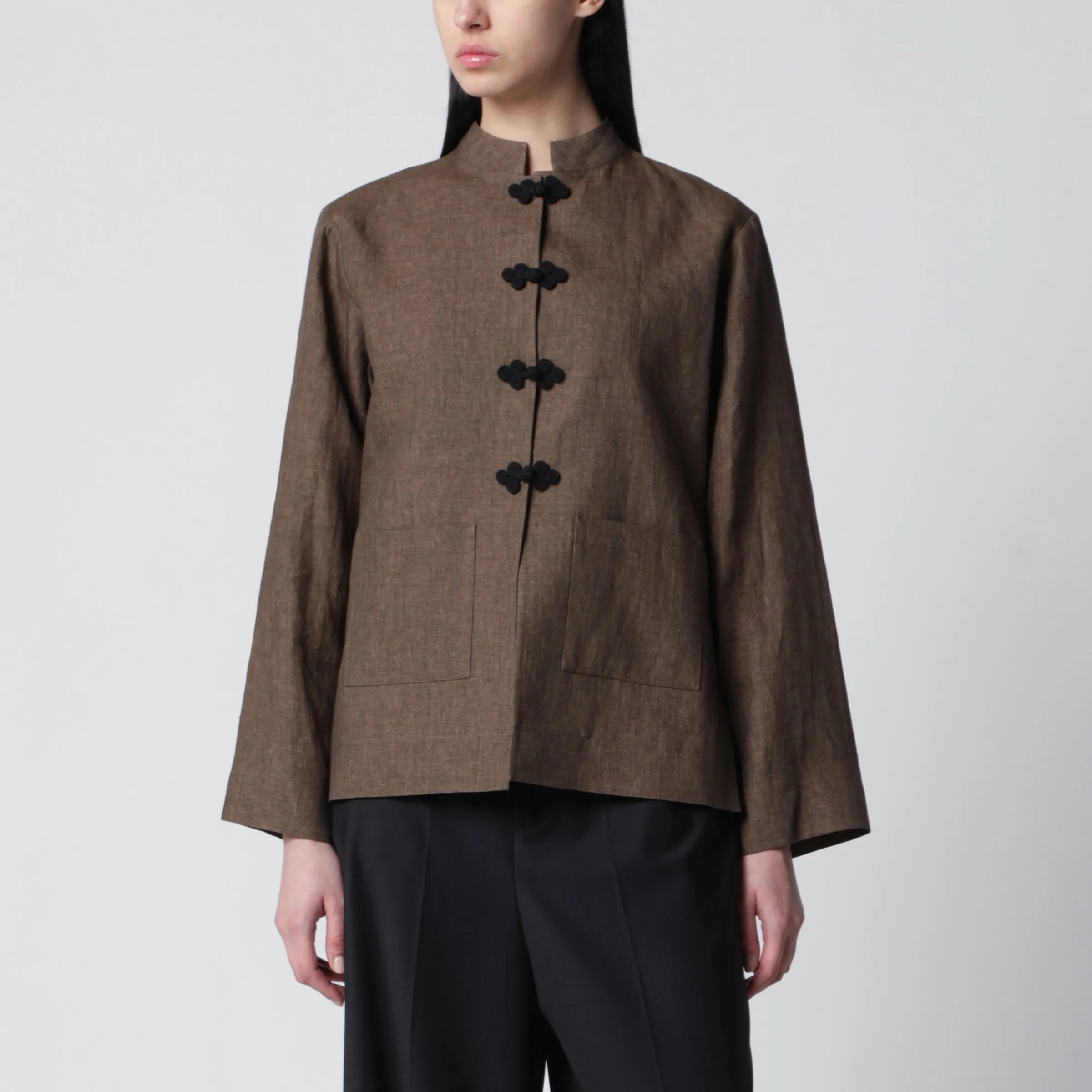 Brown Mélange Linen Jacket With Pankou Closure sold by Wanan Luxury
