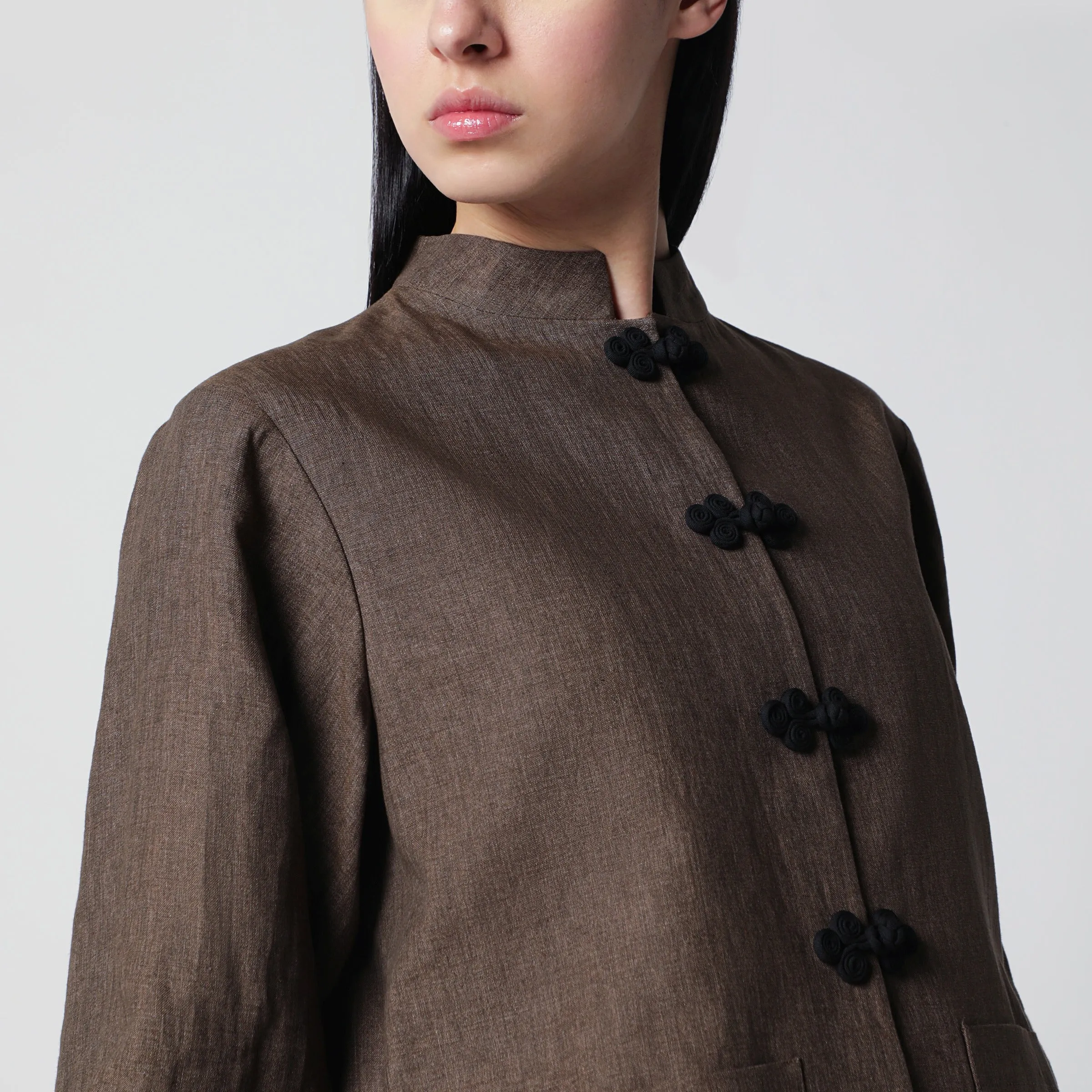 Brown Mélange Linen Jacket With Pankou Closure sold by Wanan Luxury product image thumbnail 2
