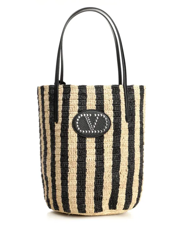 Bucket Bag | Vlogo Signature | Crochet Rafia Stripes/Vac.Liscia/Vit.St. Shoulder Bags Black made by Valentino Garavani