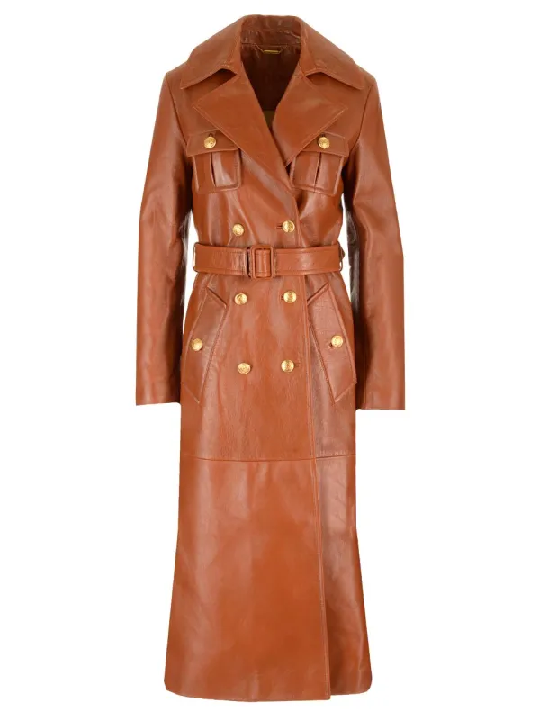 Leather Military Trench Coat Jackets Brown made by Chloe