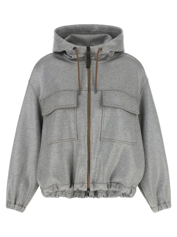 Shiny Zipper Pull Puffer Jackets Silver made by Brunello Cucinelli