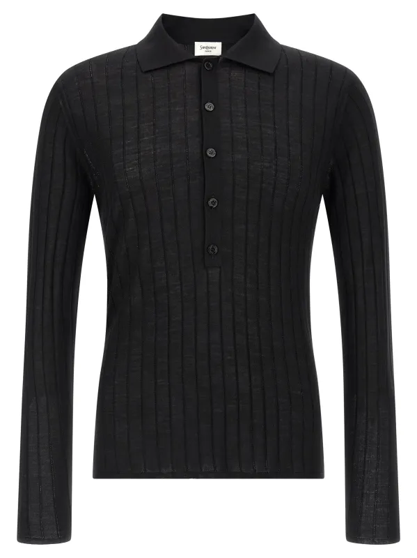 Pointelle Wool Shirt Polo Black made by Yves Saint Laurent