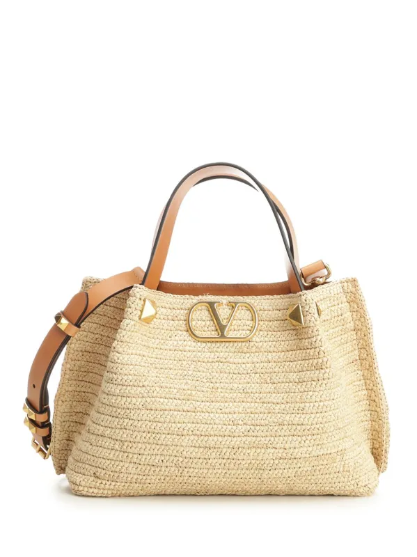Small Tote | Vlogo Signature | Crochet Rafia/Vac.Liscia/A.Brass Macro S Handbags Beige made by Valentino Garavani