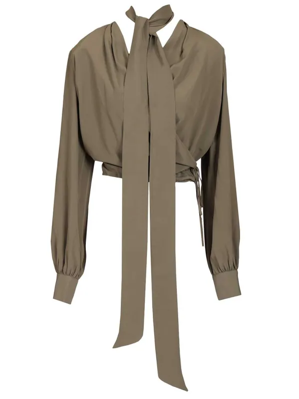 Crop Blouse With Scarf Shirts Green made by Wanan Luxury