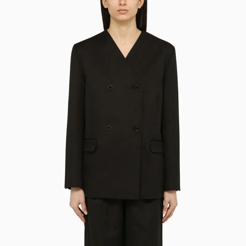 Black Double-Breasted Jacket In Cotton And Linen made by Loulou De Saison
