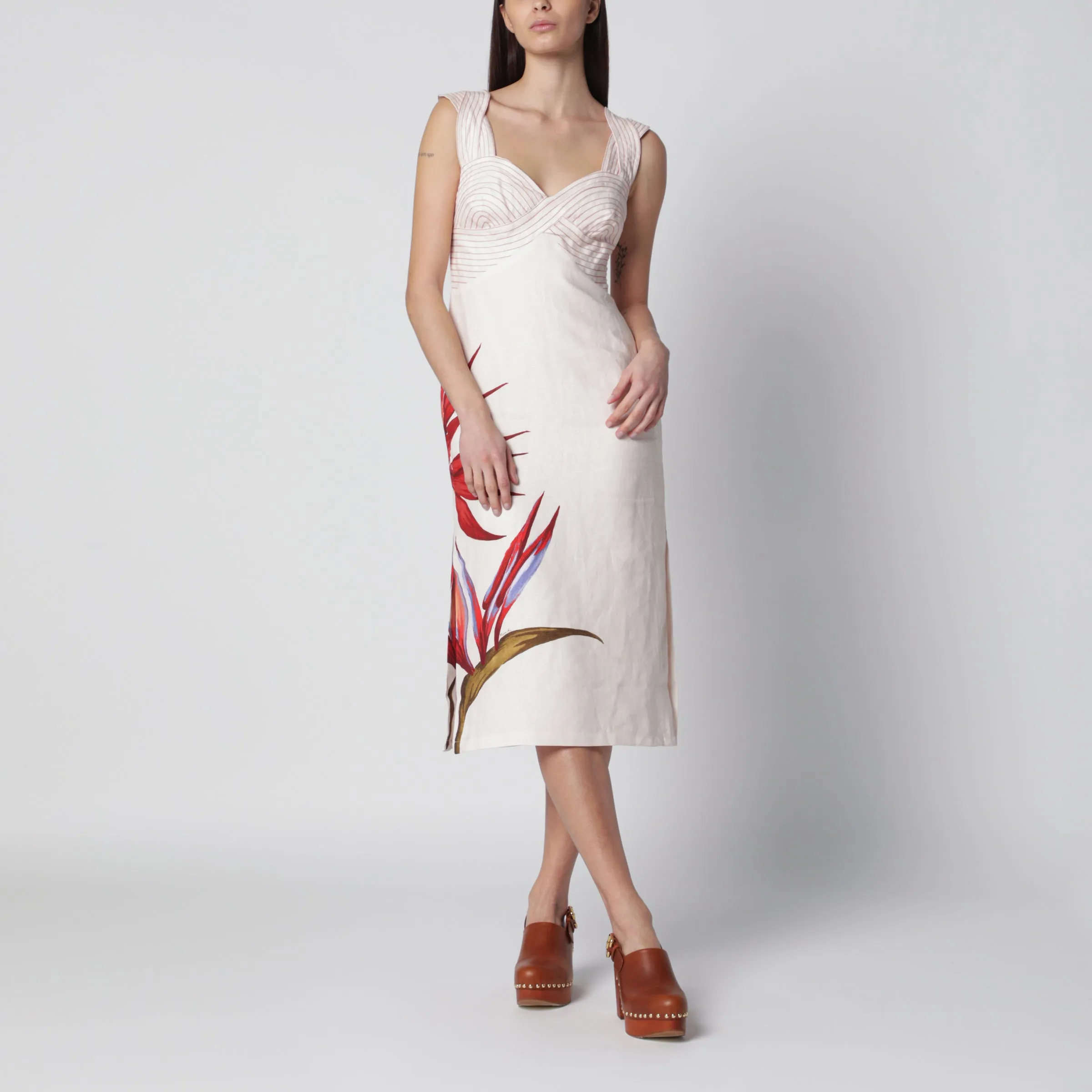 Sand-Colored Linen Midi Dress With Strelitzia Pattern sold by Wanan Luxury