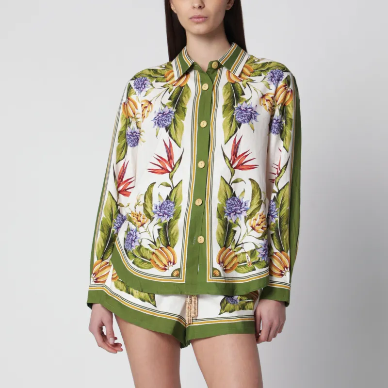 Sand Tropical Scarf Linen-Blend Shirt made by FARM Rio