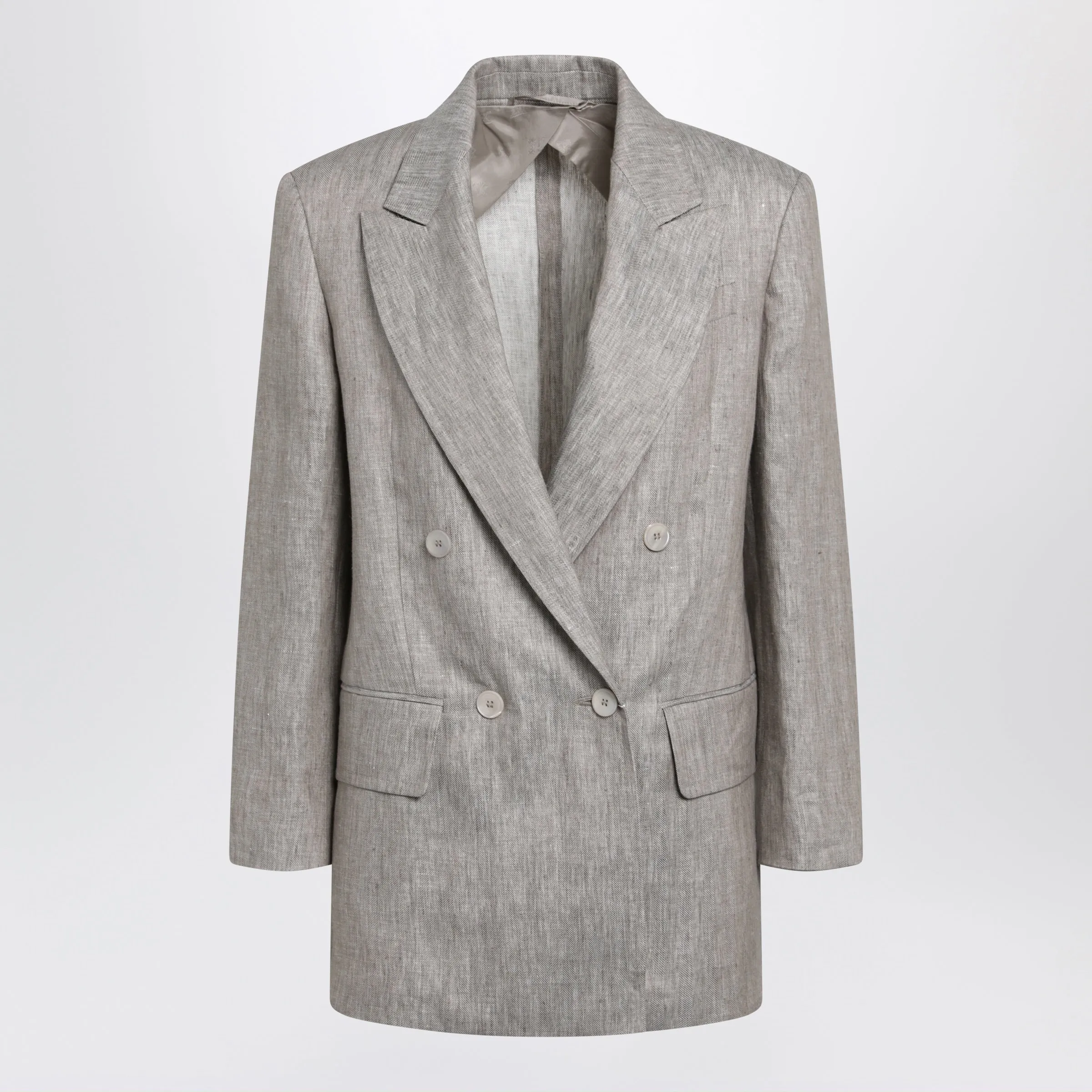 Olimpia Double-Breasted Chevron Linen Blazer In Beige sold by Wanan Luxury