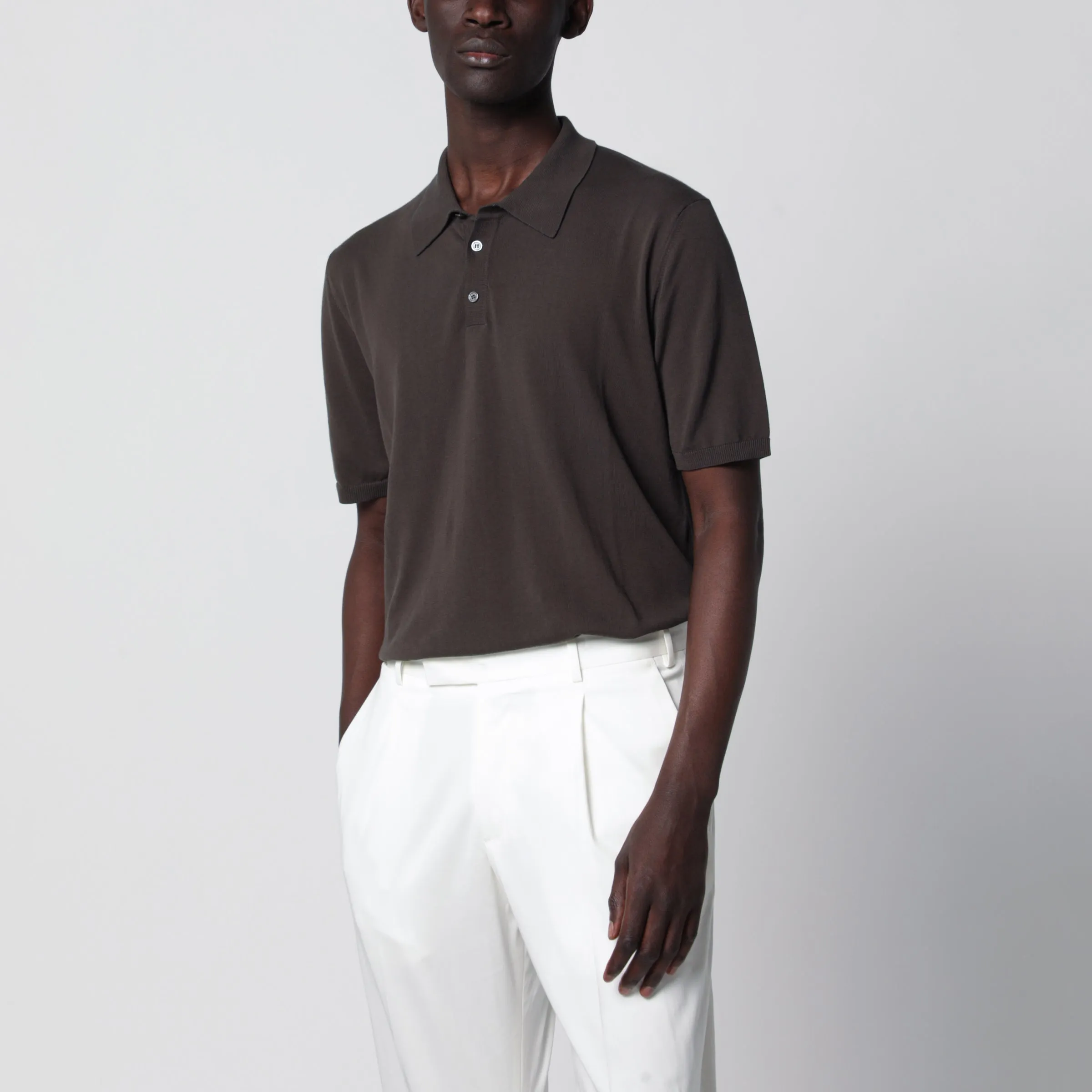 Regular-Fit Cotton Crepe Knit Polo In Dark Brown sold by Wanan Luxury