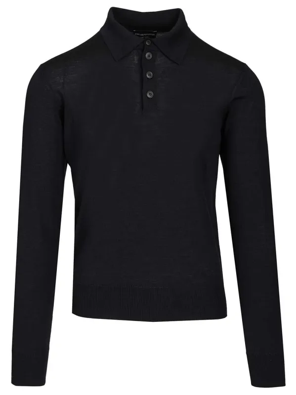 Long-Sleeved Wool Polo Shirt Knitwear Blue made by Emporio Armani