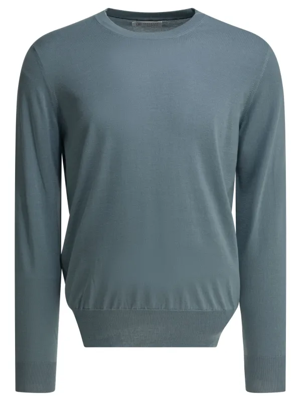 Cotton Crewneck Sweater Knitwear Light Blue made by Brunello Cucinelli