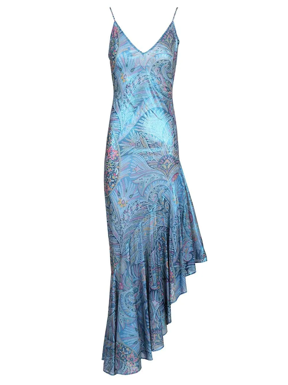 Asymmetrical Dress With Ruffles And Paisley Print Dresses Blue sold by Wanan Luxury
