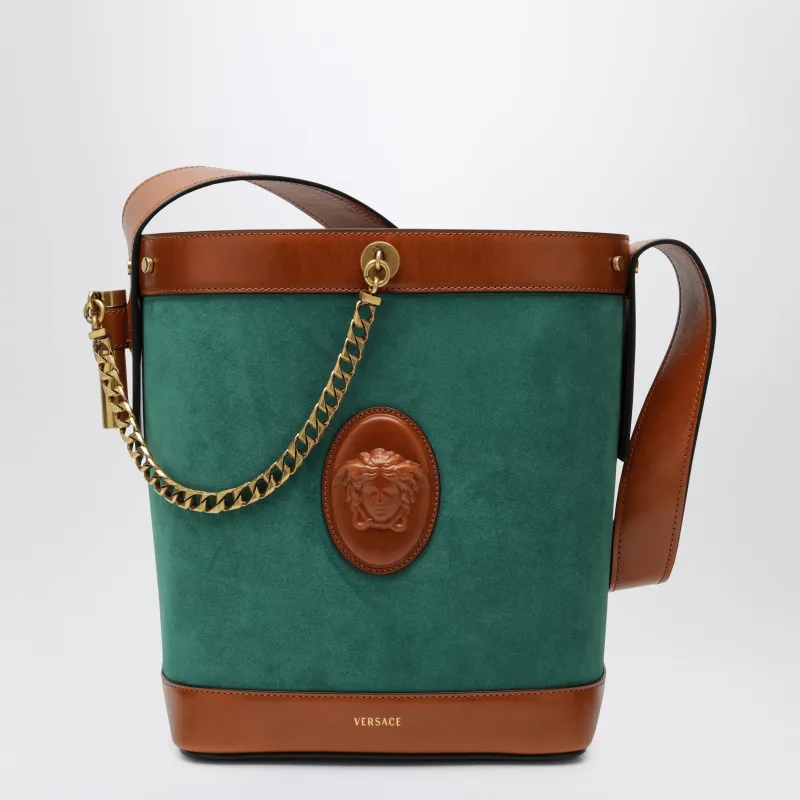 Small Pivot Bucket Bag In Green Suede made by Versace