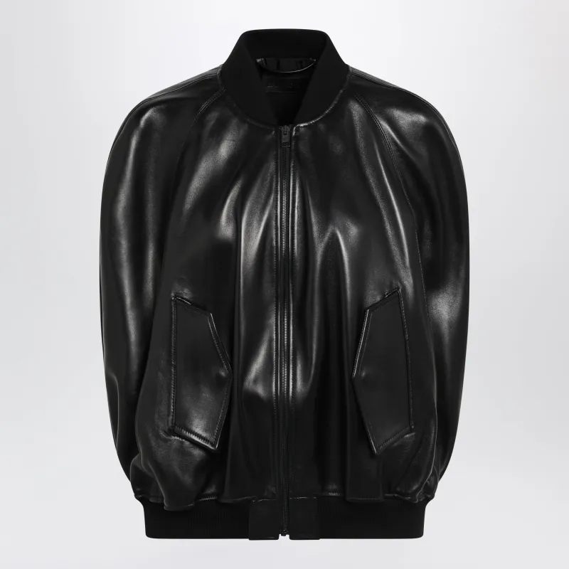 Black Leather Bomber Jacket made by Balenciaga