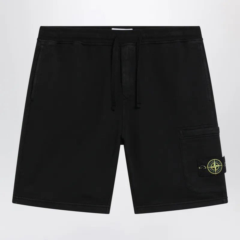 Black Organic Cotton Fleece Jogger Shorts made by Stone Island
