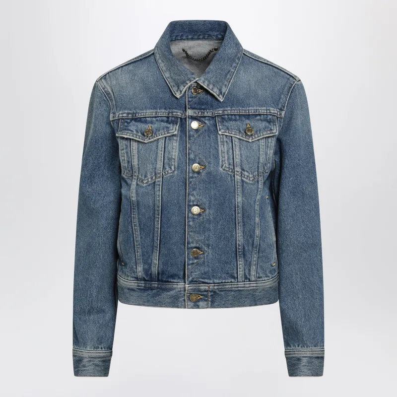 Blue Denim Jacket With Classic Collar And Logo Buttons made by Golden Goose