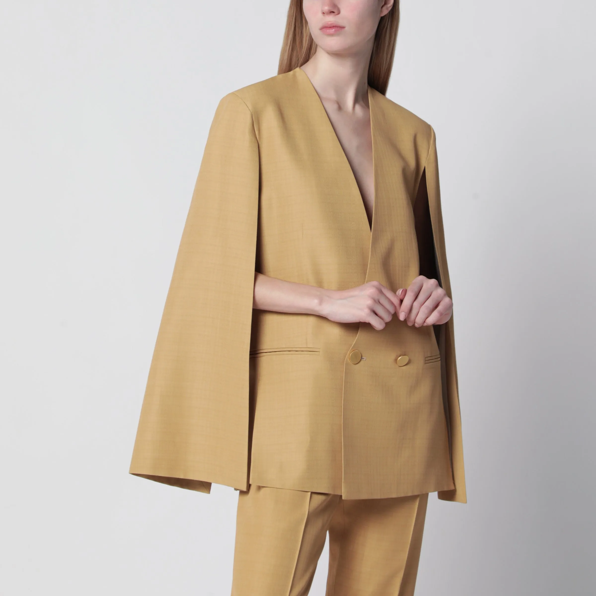 Beige Ochre Double-Breasted Silk Jacket sold by Wanan Luxury
