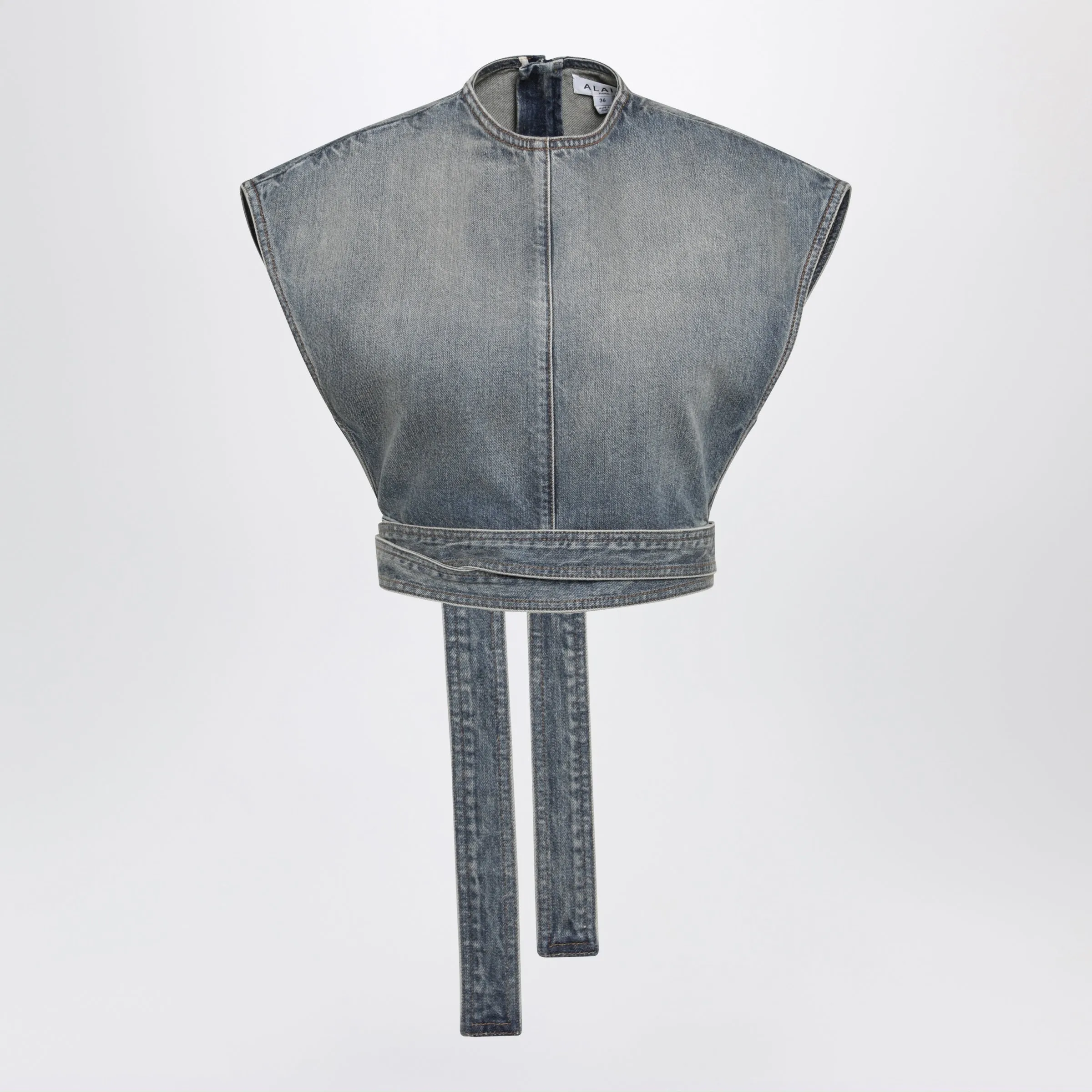 Raw Délavé Denim Belted Sleeveless Top In Blue sold by Wanan Luxury
