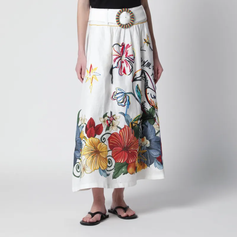 White Linen Skirt With Tropical Embroidery made by FARM Rio