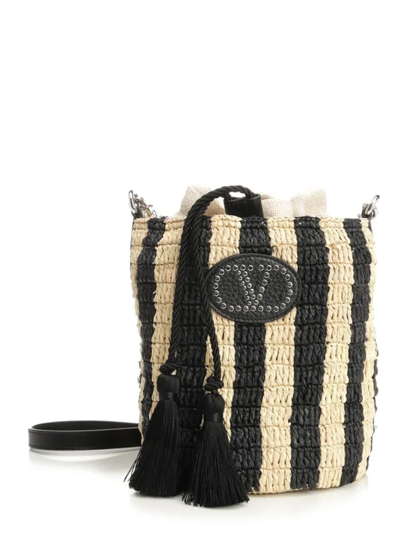 Small Bucket Bag | Vlogo Signature | Crochet Rafia Stripes/Lino/Vac.Liscia/To Crossbody Bags Black made by Valentino Garavani