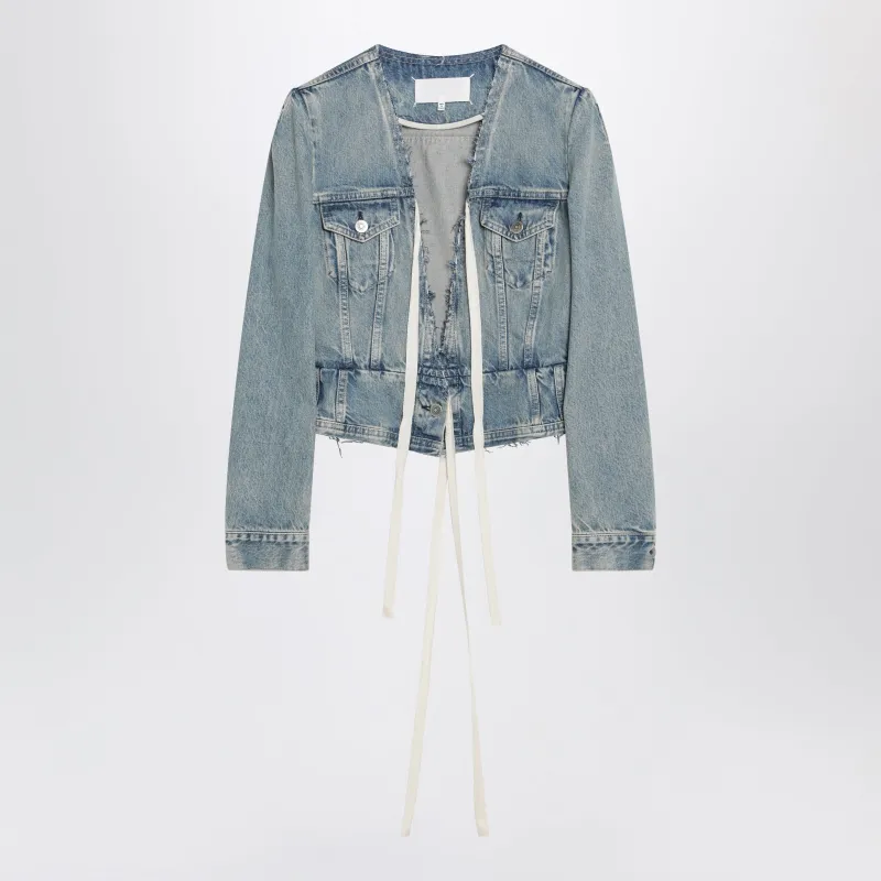 Light Blue Cotton Denim Jacket With V-Neck made by Maison Margiela