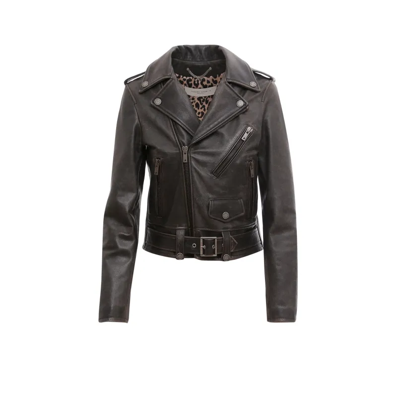 Slim Fit Destiny Lived-In Effect Leather Biker made by Golden Goose