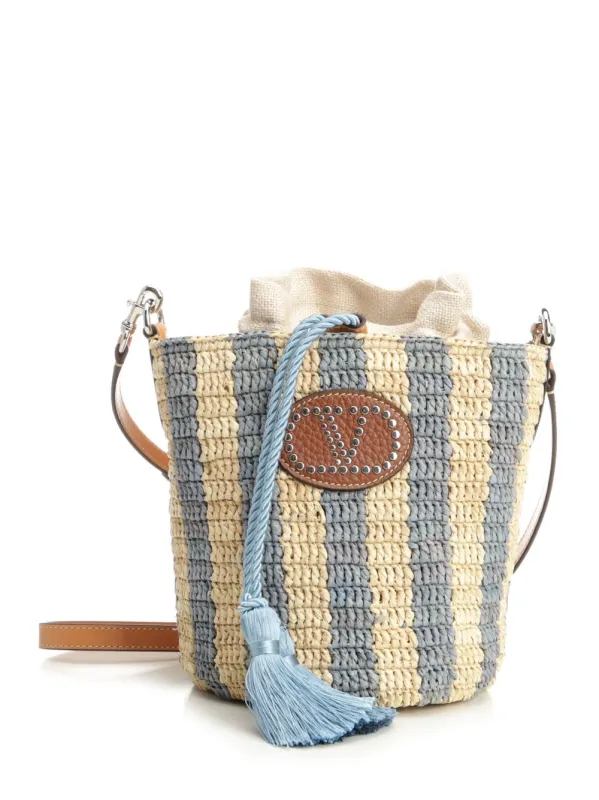 Small Bucket Bag | Vlogo Signature | Crochet Rafia Stripes/Lino/Vac.Liscia/To Crossbody Bags Light Blue made by Valentino Garavani
