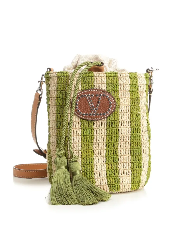 Small Bucket Bag | Vlogo Signature | Crochet Rafia Stripes/Lino/Vac.Liscia/To Crossbody Bags Green made by Valentino Garavani