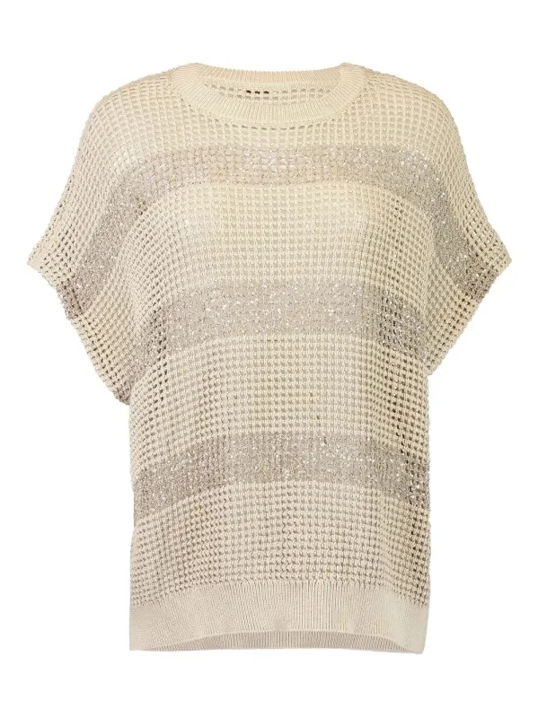 Openwork Knit Crewneck Top With Micro Sequins made by Brunello Cucinelli