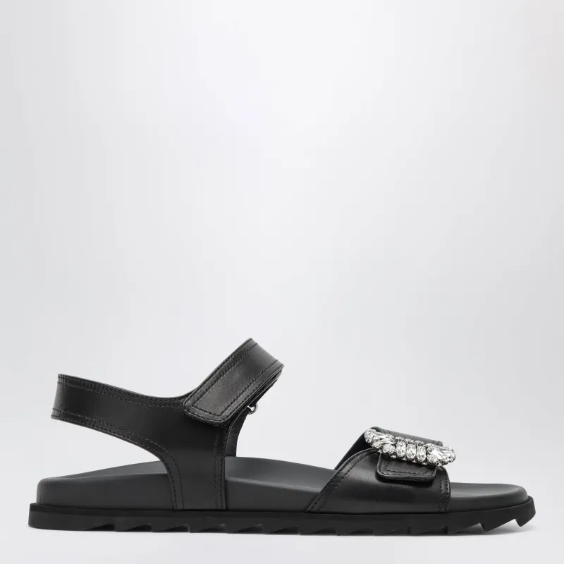 Black Leather Sandals With Crystal Buckle made by Roger Vivier