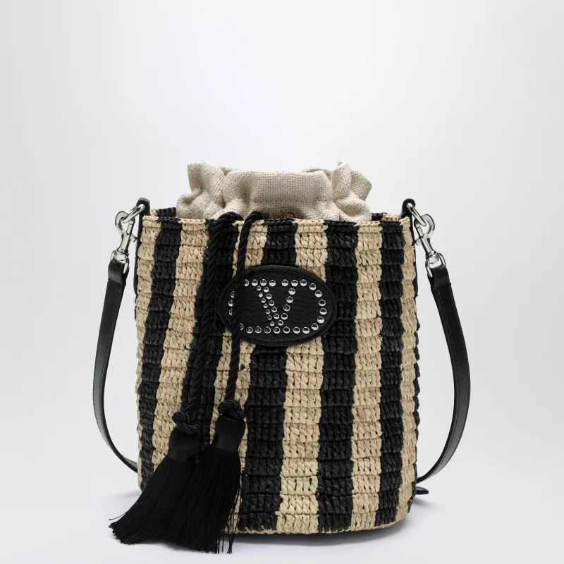 Small Bucket Bag In Raffia With Beige And Black Stripes made by Valentino Garavani
