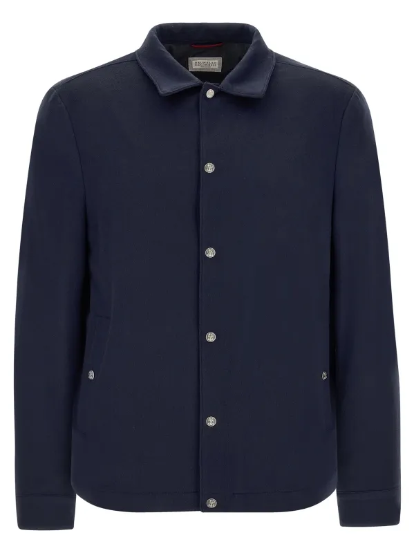 Flannel Overshirt Puffer Jackets Blue made by Brunello Cucinelli