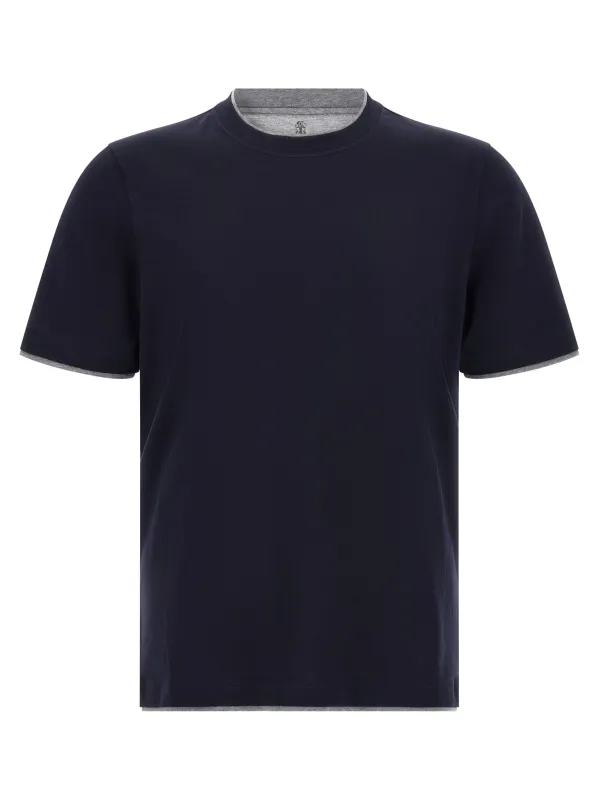 Double Layer T-Shirt Blue made by Brunello Cucinelli