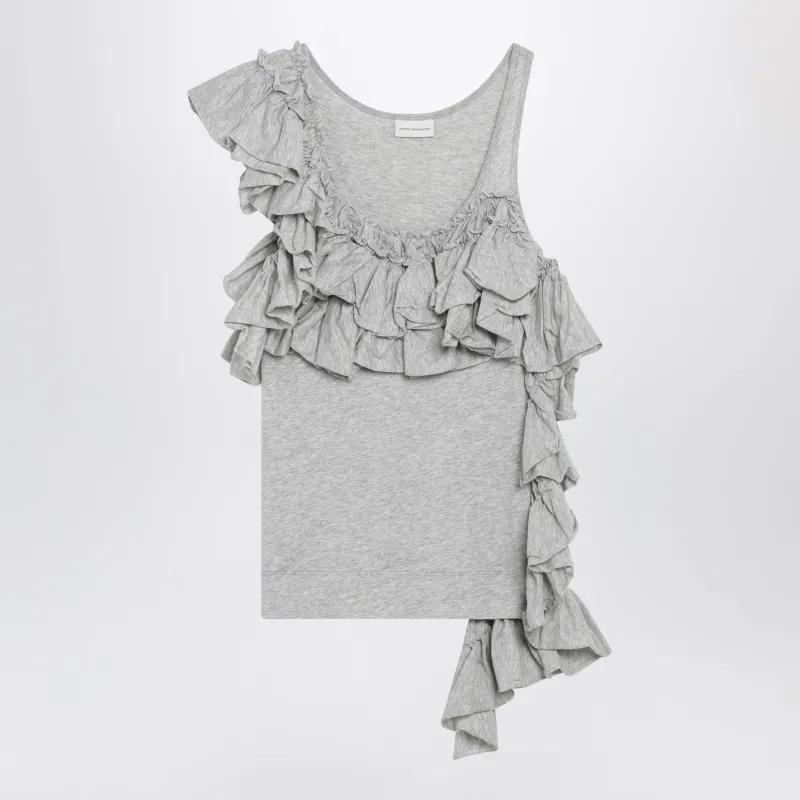 Grey Mélange Tank Top With Ruffles made by Dries Van Noten