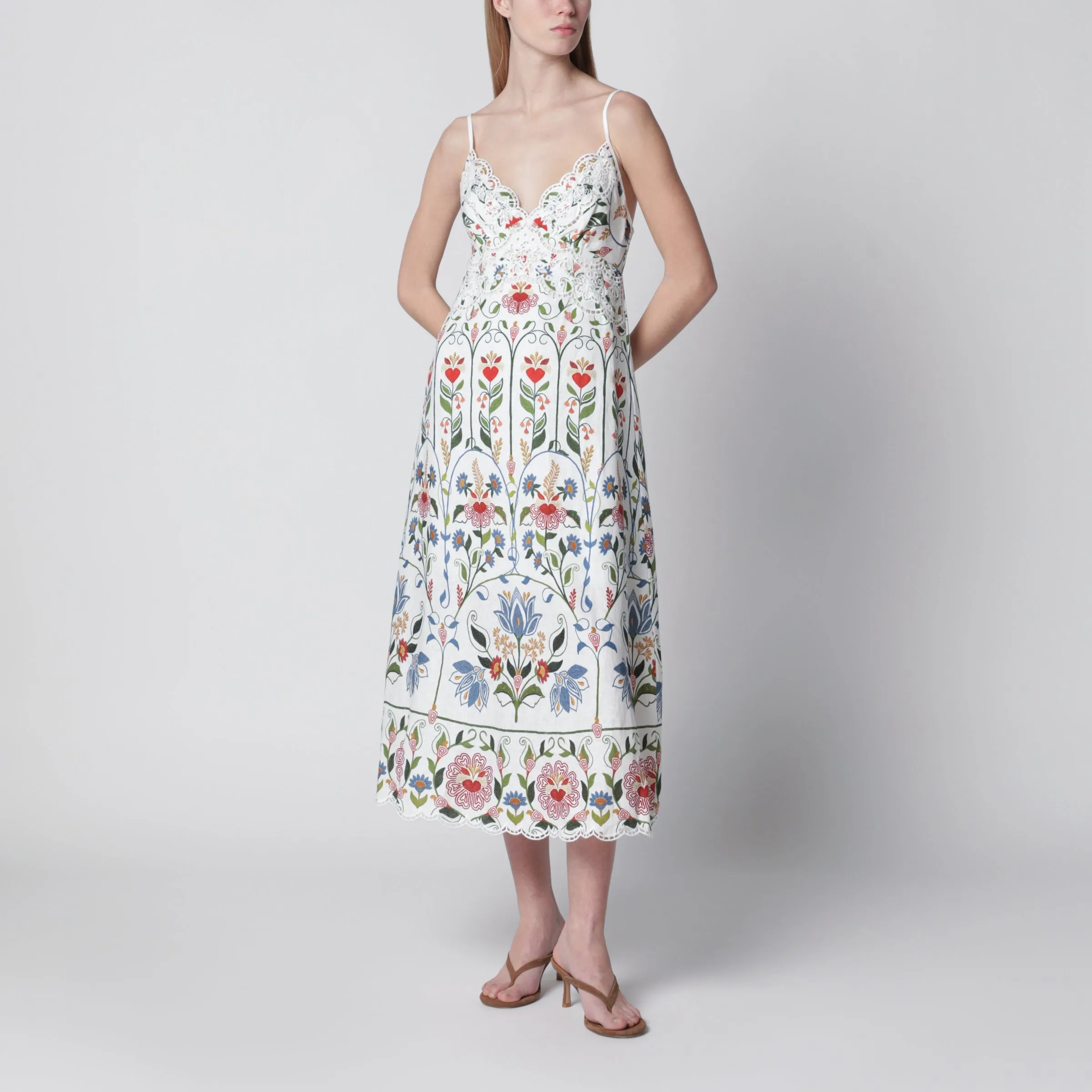 White Midi Dress In Linen With Garden Motif sold by Wanan Luxury