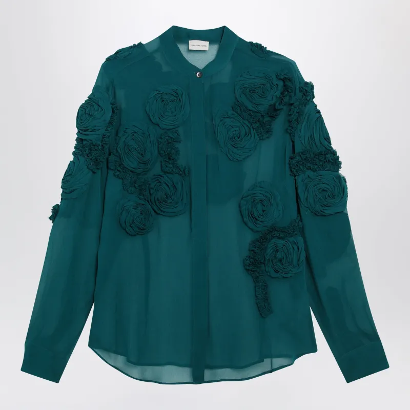 Petrol Green Shirt With Raised Rose Details made by Dries Van Noten