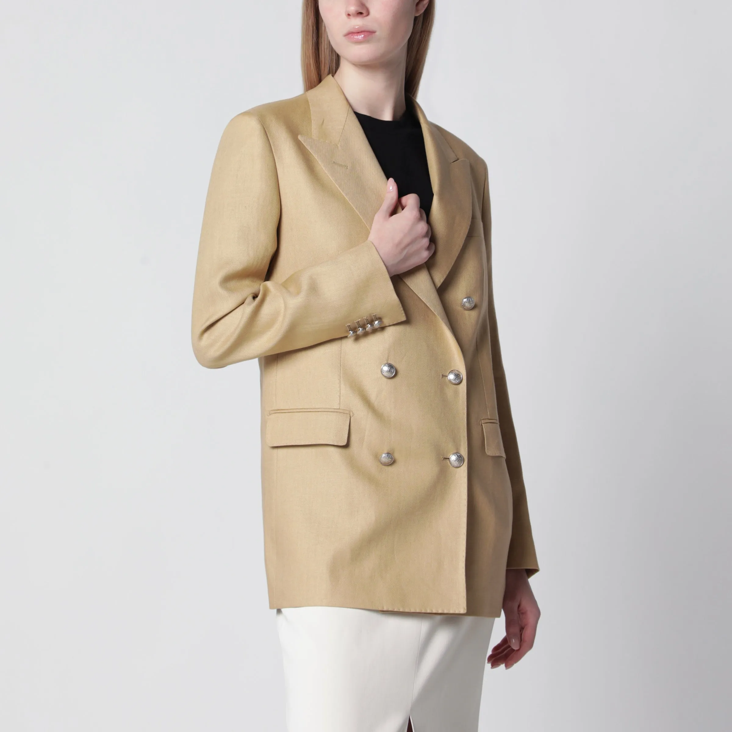 Double-Breasted Jacket In Beige Linen sold by Wanan Luxury