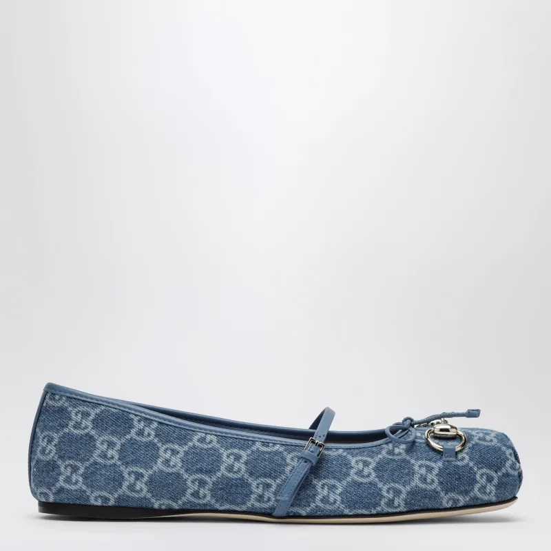 Blue Gg Denim Ballet Flats With Horsebit Detail made by Gucci