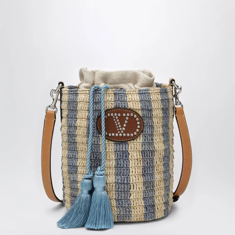 Small Bucket Bag In Raffia With Beige And Light Blue Stripes made by Valentino Garavani