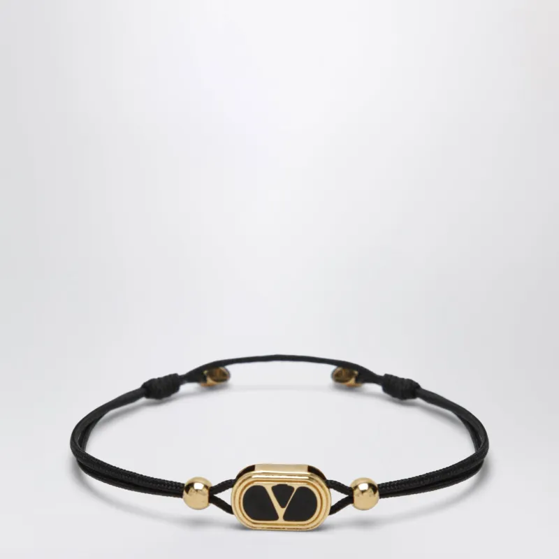 Black Cord Bracelet With Enamelled Gold V Logo made by Valentino Garavani