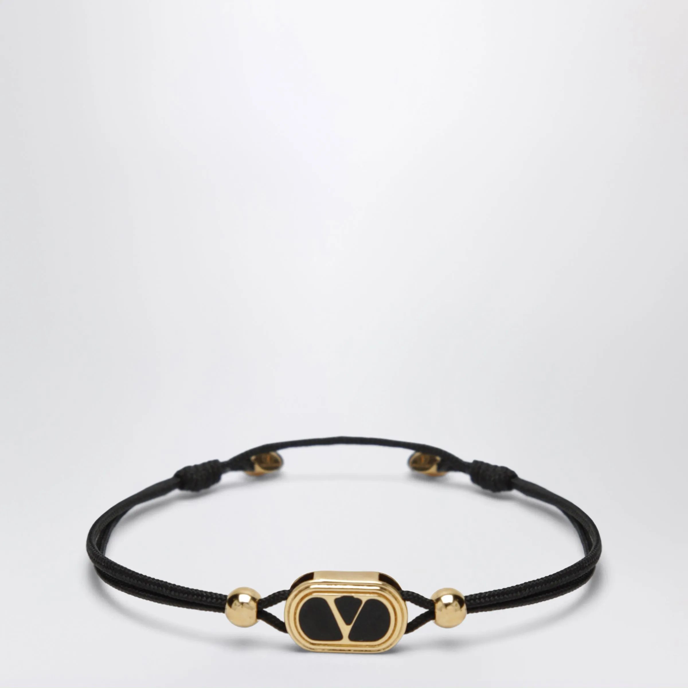 Black Cord Bracelet With Enamelled Gold V Logo sold by Wanan Luxury
