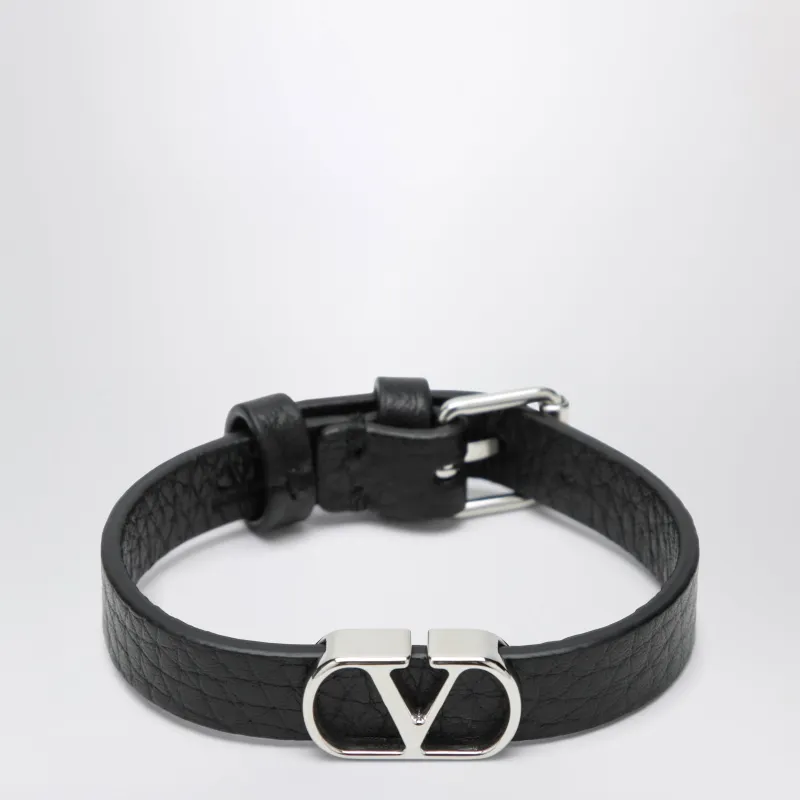 V Logo Signature Bracelet In Grained Calfskin Leather, Black made by Valentino Garavani