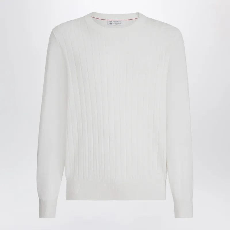 White Ribbed Cotton Sweater made by Brunello Cucinelli