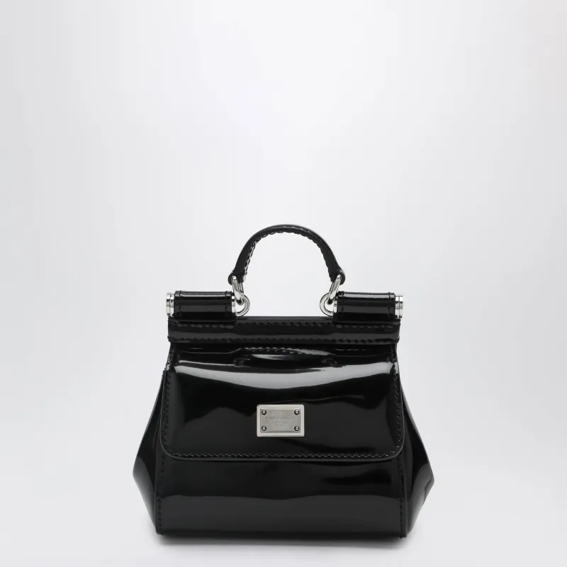 Mini Patent Calf Leather Bag With Logo Plaque, Black made by Dolce & Gabanna