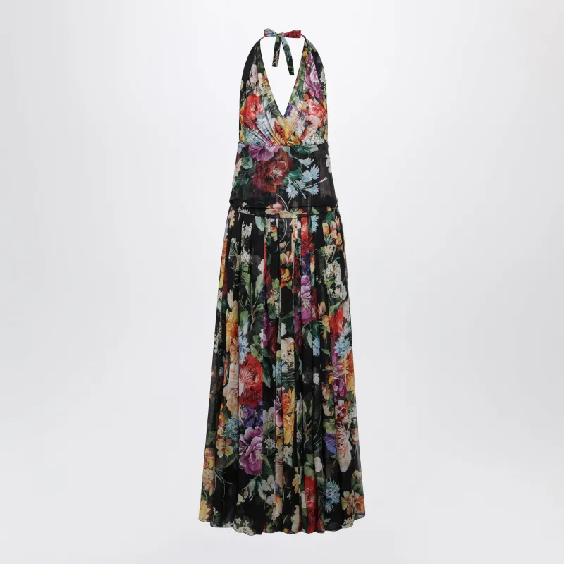 Long Floral Bouquet Chiffon Dress In Black Silk made by Dolce & Gabanna