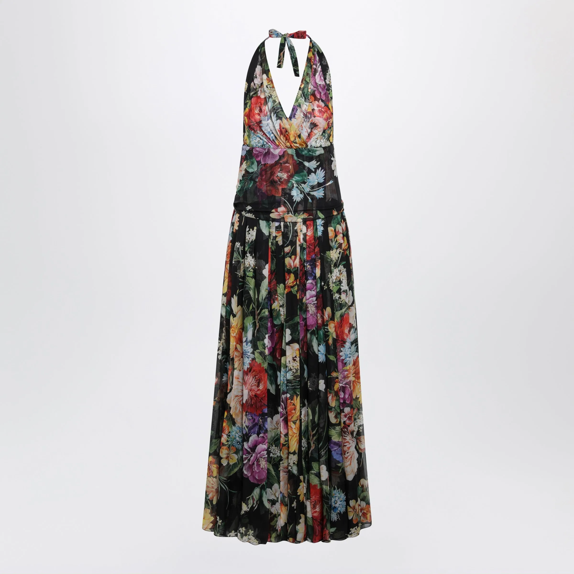 Long Floral Bouquet Chiffon Dress In Black Silk sold by Wanan Luxury