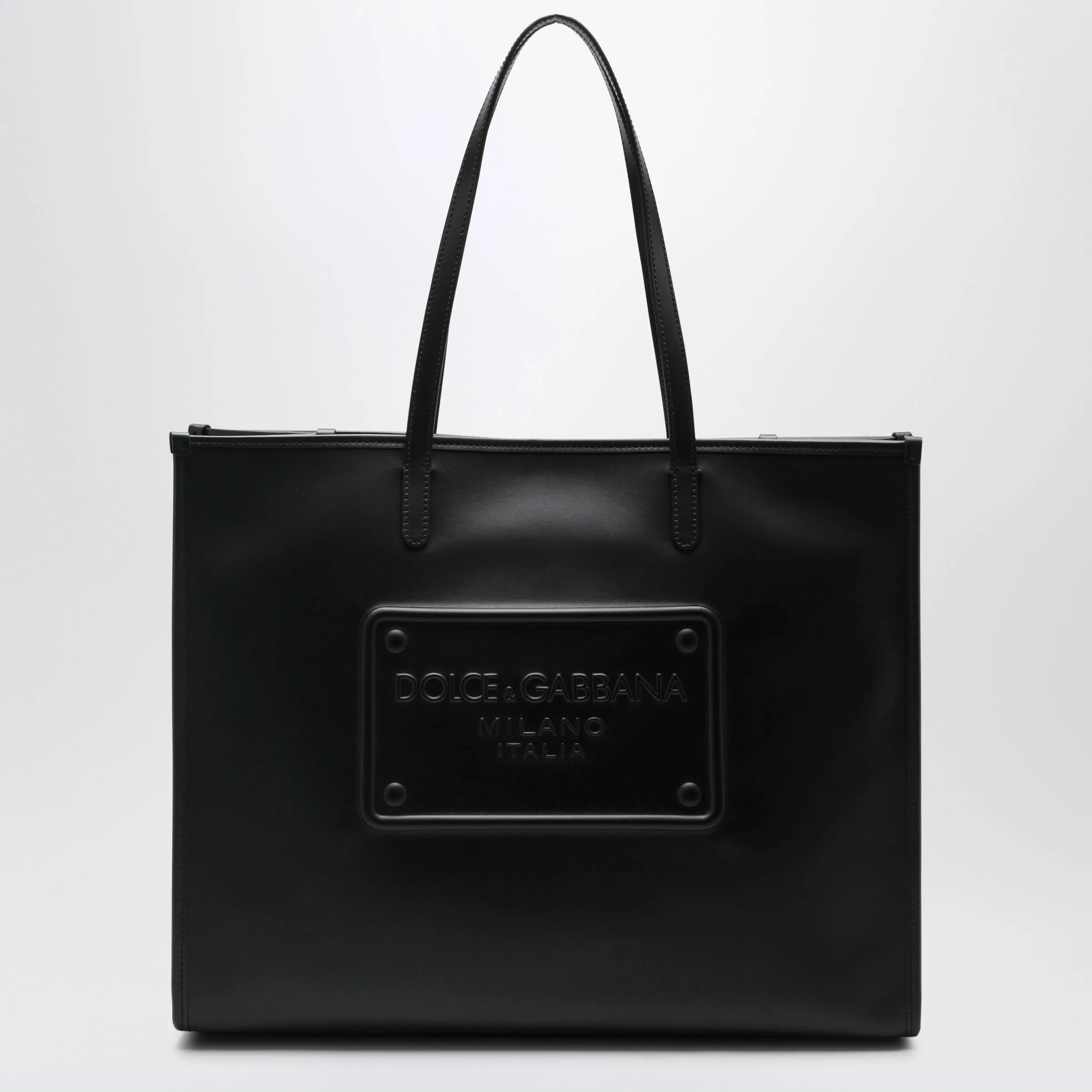 Calfskin Shopping Tote With Embossed Logo Plaque In Black sold by Wanan Luxury