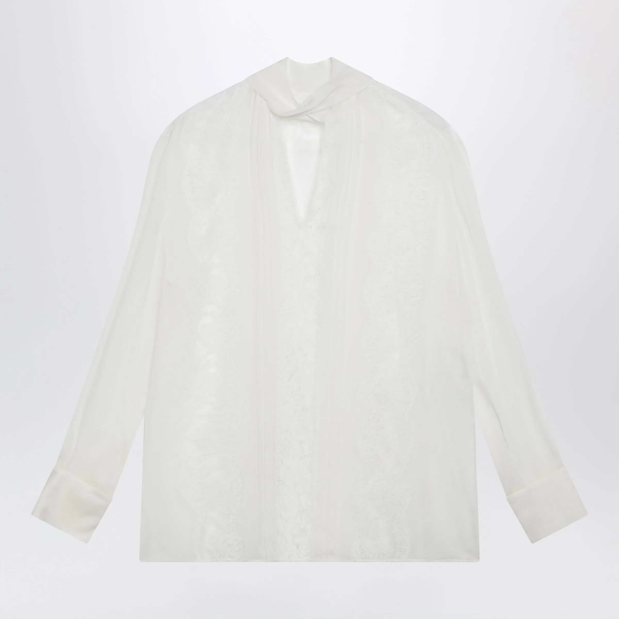 Silk Chiffon And Lace Blouse With Neck Scarf In White sold by Wanan Luxury